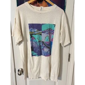 Vintage shredded distressed 90s Danskin Graphic T Shirt Abstract  Cream Mens XL